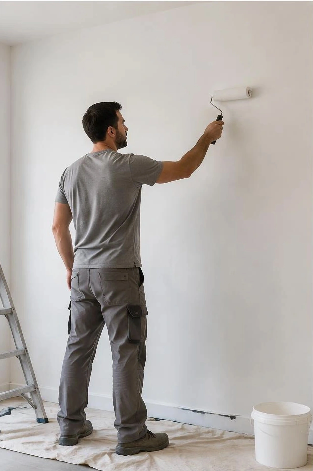 Duvarı rulo ile boyayan profesyonel usta